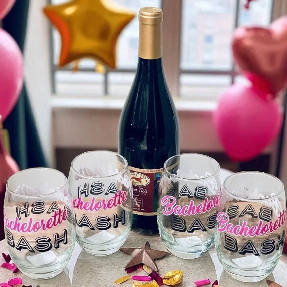 NWT Set of 4 Gorgeous Stemless Pink Black WINE Bachelorette Bash 15 oz Glasses